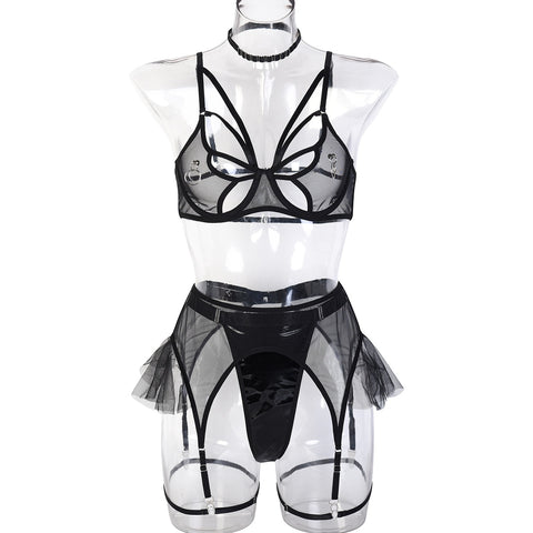 Women 4-Piece Mesh Transparent Choker Lingerie Set