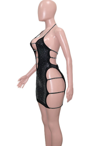 New Chic Black Ladder Cut Out Crystal Mini Dress