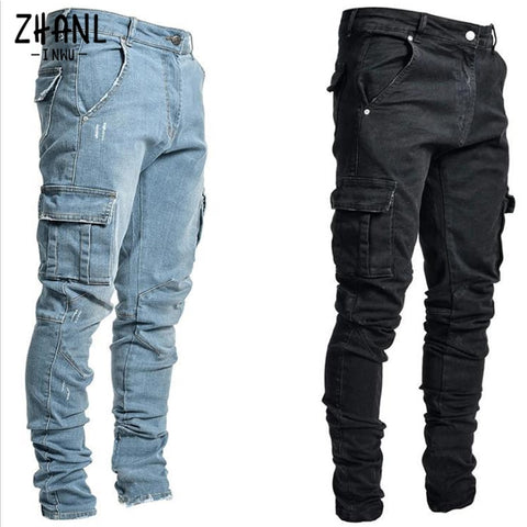 Multi Pockets Denim Mid Waist Cargo Jeans