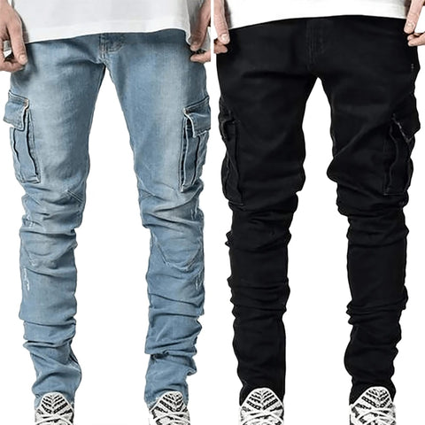 Multi Pockets Denim Mid Waist Cargo Jeans
