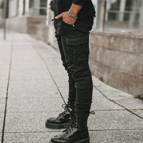 Multi Pockets Denim Mid Waist Cargo Jeans