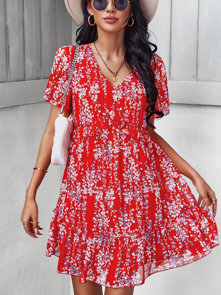Women V Neck Floral Print Dress