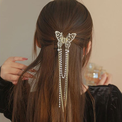Women Butterfly  Pearl Tassel hair clip