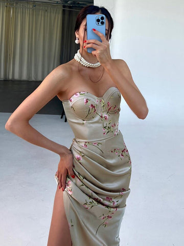 Sexy Tube Top Draped Split Long Dress