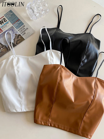 Women PU Leather Crop Tops