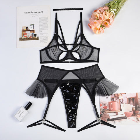 Women 4-Piece Mesh Transparent Choker Lingerie Set