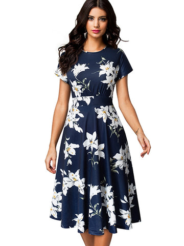 Women Floral Print Round Dress
