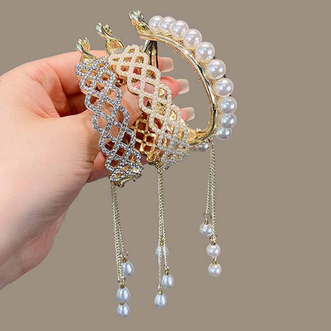 Women  Rhinestone Tassel Pearl Hair Clip