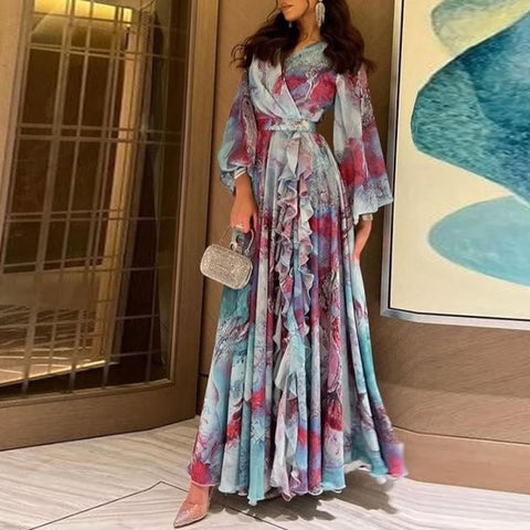 Women Elegant Floral Print Big Hem Dress