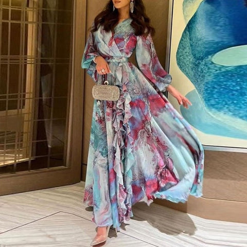 Women Elegant Floral Print Big Hem Dress