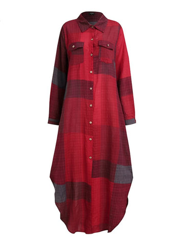 Women  Checked Plaid Robe Maxi Beach Dress