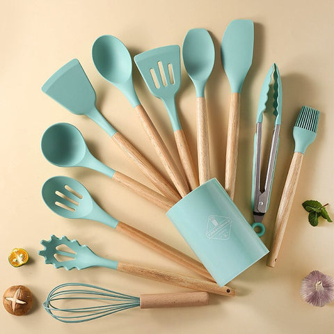 12Pcs Wooden Handle Silicone Kitchen Spoon