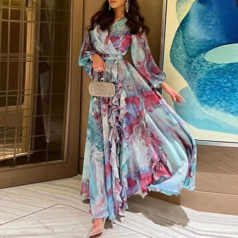 Women Elegant Floral Print Big Hem Dress