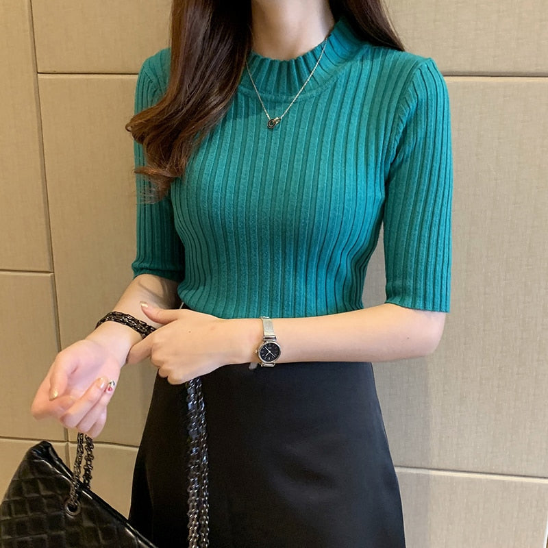 Women Short Sleeve Knit Blouse Short