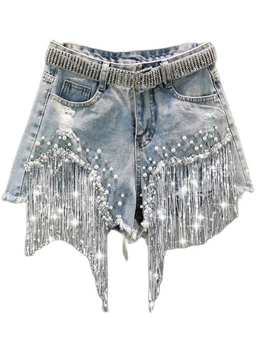 Elegant Shorts Lady Tassel Beading High Waist Wide Leg Denim