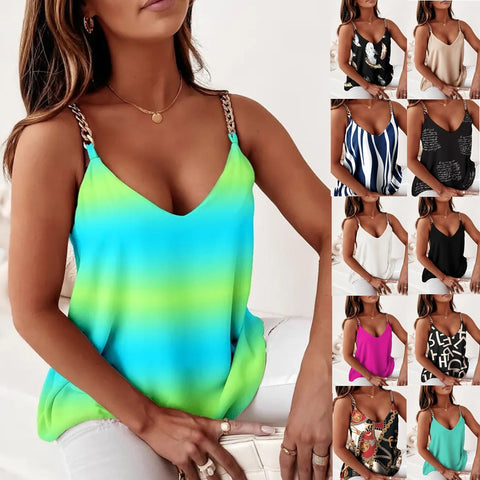 Women Chain Suspender Print Stitching Top