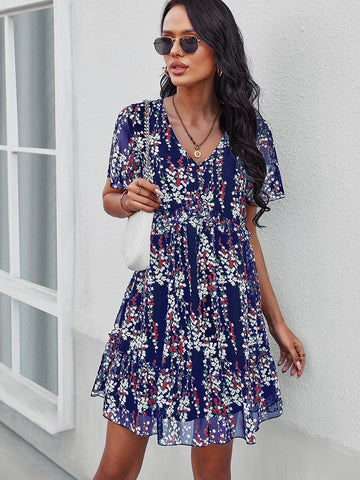 Women V Neck Floral Print Dress