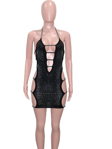 New Chic Black Ladder Cut Out Crystal Mini Dress