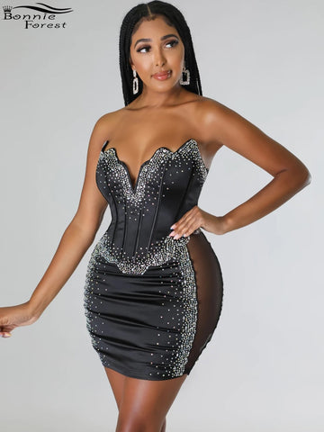 Bonnie Forest Elegant Black Crystal Short Party Dress