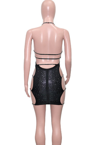New Chic Black Ladder Cut Out Crystal Mini Dress