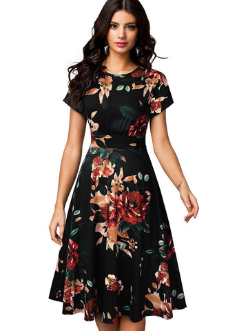 Women Floral Print Round Dress