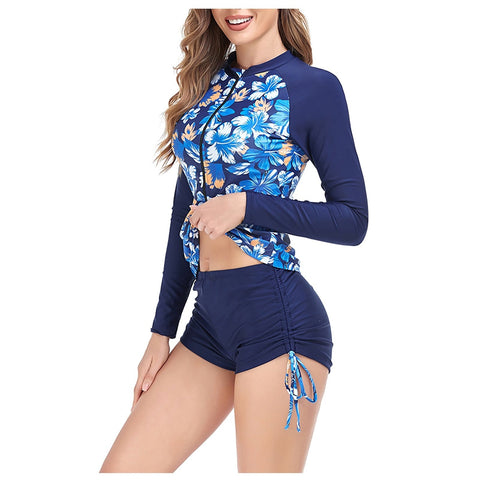 Women Long Sleeve Printed Split Swimsuit