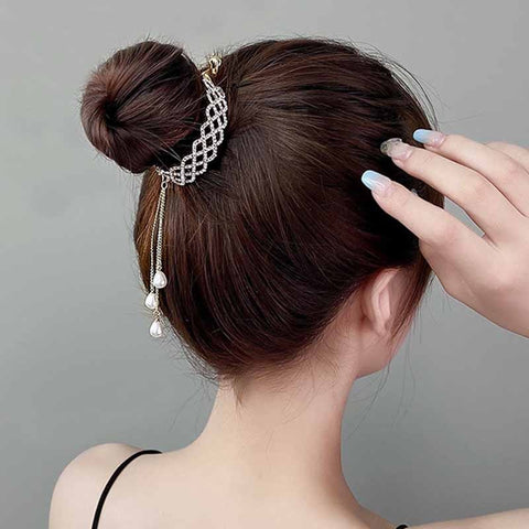 Women  Rhinestone Tassel Pearl Hair Clip