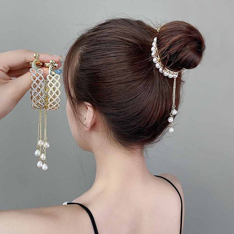 Women  Rhinestone Tassel Pearl Hair Clip