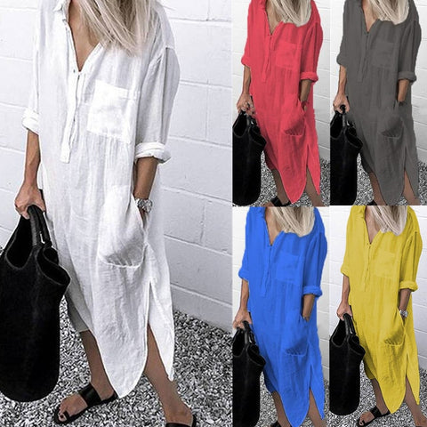 Women Casual Long Sleeve Side Split Button Dresses