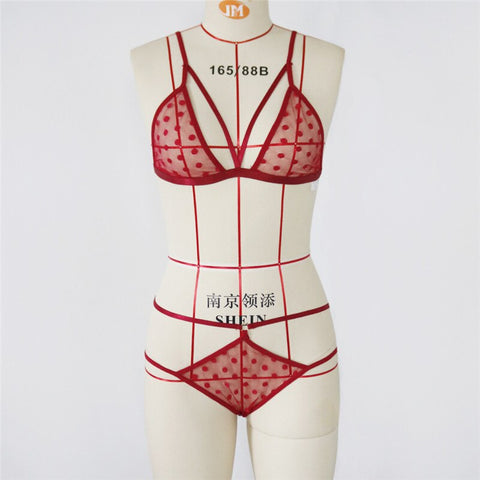 Women Breathable Brassiere Polka Dot Mesh Bra Set