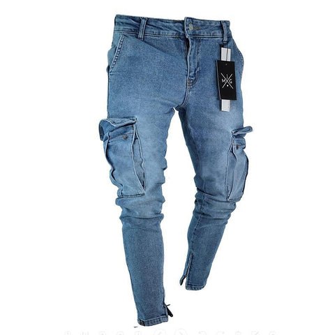 Multi Pockets Denim Mid Waist Cargo Jeans
