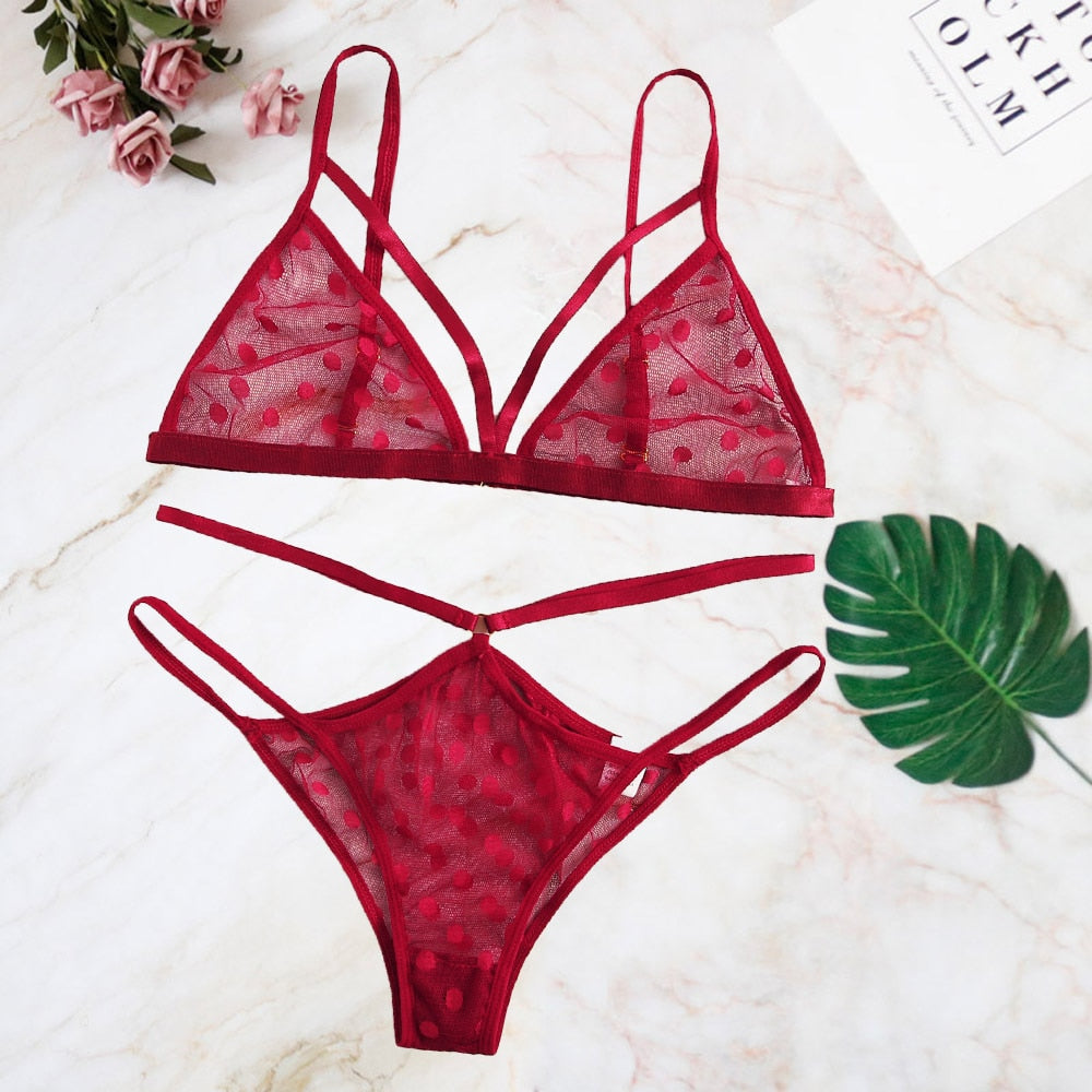 Women Breathable Brassiere Polka Dot Mesh Bra Set