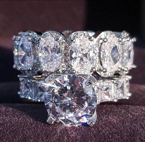 luxury Real 925 Sterling Silver oval princess cut wedding Ring set